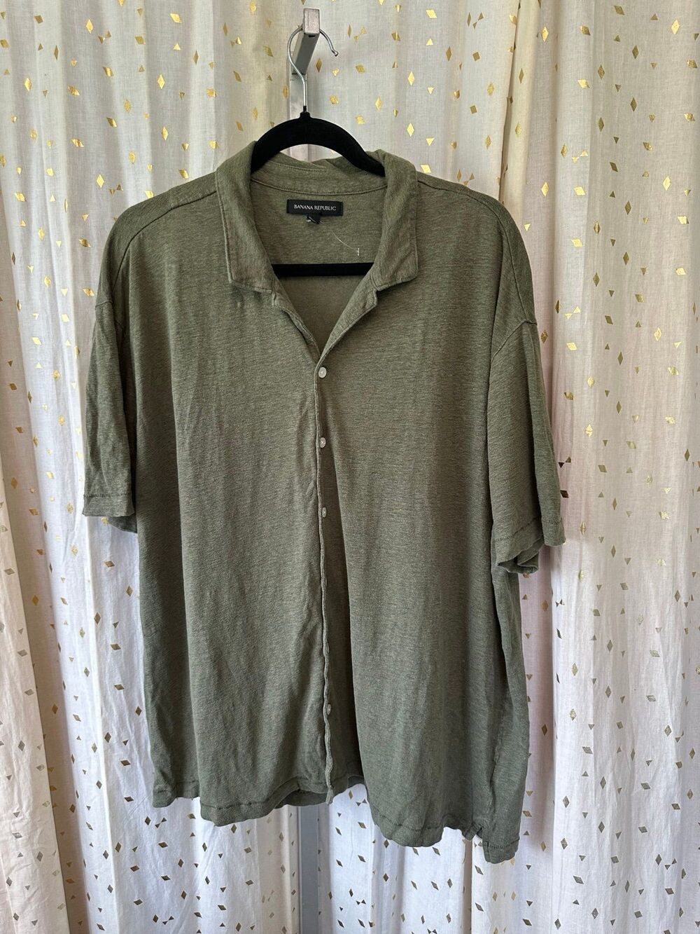 NWOT Banana Republic Men's 100% Textured Linen Olive Button Down Collar Shirt L